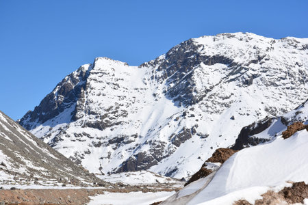 Landscape of mountain snow and lagoon in Santiago, Chileの写真素材