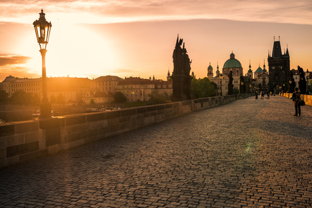 sunrise landscape at charles bridge in pragueの写真素材