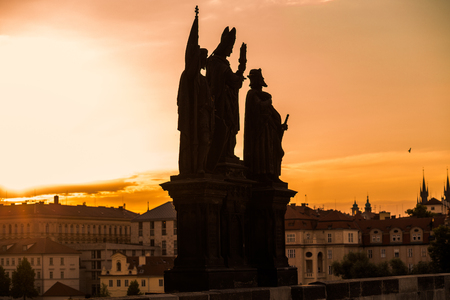 sunrise landscape silhouette at charles bridge in pragueのeditorial素材