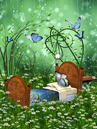 Baby cradle fantasy daisies meadow with butterfliesの写真素材