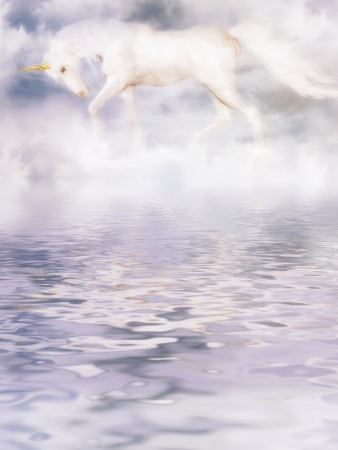 Computer graphics Fantasy scene with white unicorn in clouds over waterの写真素材