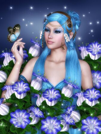 Beautiful girl among the blue bells, and a butterfly on her handの写真素材