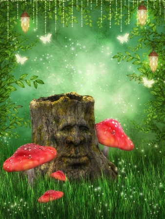 Magic stump in a forest glade with fantastic lanterns and butterfliesの写真素材