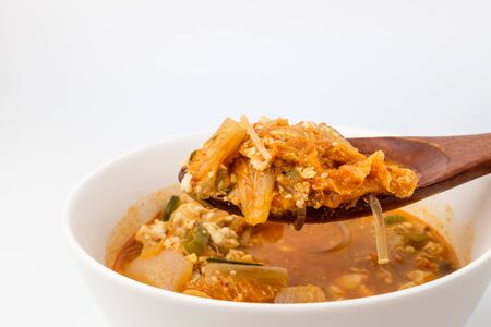 Stew with kimchi and tofu. Spicy kimchi dish. Korean traditional tofu soup dishの写真素材