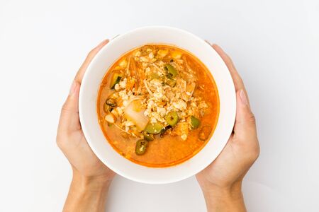 Stew with kimchi and tofu. Spicy kimchi dish. Korean traditional tofu soup dishの写真素材