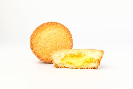 Food with custard cream. Soft bread dessert. Sweet cream bunの写真素材