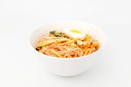 Cooking noodles with chewy texture. Cold noodle dishes. Spicy noodlesの写真素材