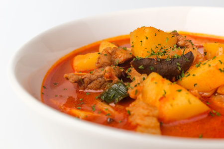 Food made with Korean sauce. Spicy soup food. Dishes with meat and vegetablesの写真素材