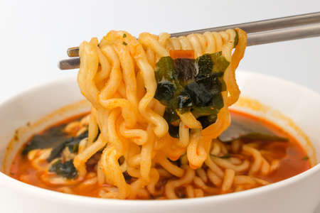 Spicy korean food. Hot noodles cooking. Korean instant foodの写真素材