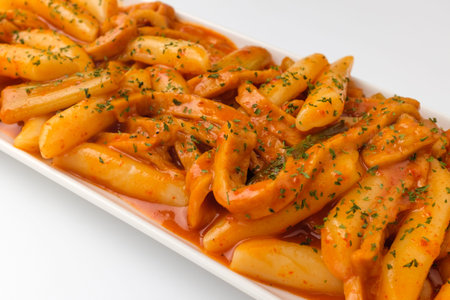 Korean food culture. A dish with rice cake and fish cake. Food in spicy seasoning
