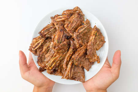 Korean BBQ culture. Grilled Korean beef with seasoning. Korean beef ribs dishの写真素材