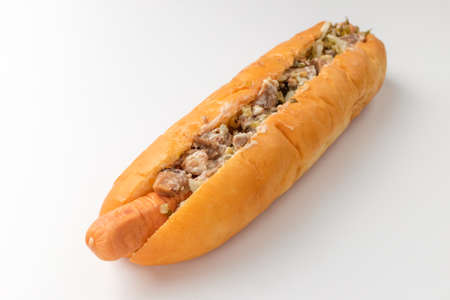 Food containing processed meat. Bread wrapped food. Food with vegetables and sauceの写真素材