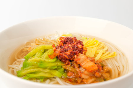 Feast food. Korean food culture. Flour noodles in anchovy broth