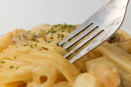 Cream pasta with seafood. Pasta with a savory taste. Cream pasta made with linguiniの写真素材