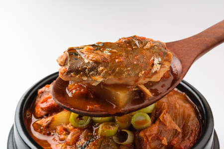 Korean food culture. Fish broth dish. Dishes with Kimchi. Spicy and salty foodの写真素材