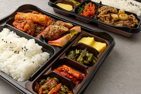 Food with meat and rice. Korean side dish.