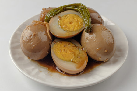 Dishes seasoned with soy sauce. Food made from boiled eggs. Asian food cultureの写真素材
