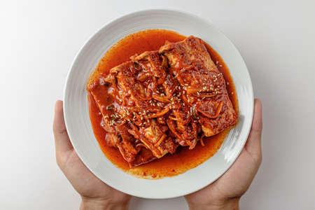 Korean food culture. dish made with tofu. A dish made with spicy and salty seasoningの写真素材