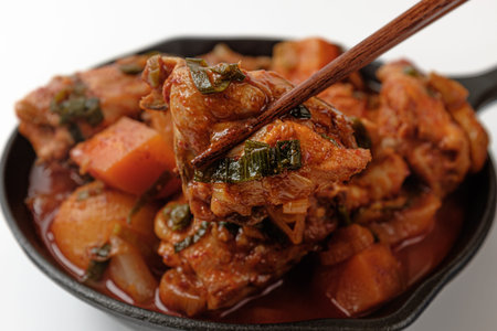 chicken dish. A dish made with vegetables, chicken and spicy seasoning. Korean food culture