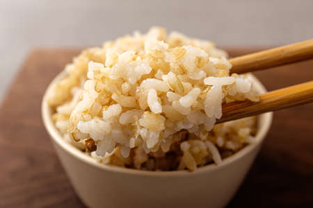 Brown rice made by boiling whole grain brown riceの写真素材