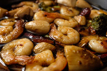 Gambas al Ajillo on a white backgroundの写真素材