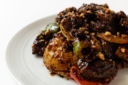 Chinese style beef stir-fry on white background