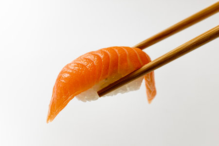 Salmon sushi on a white backgroundの写真素材