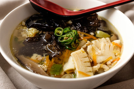 White Jamppong Soup with Seafood and Vegetablesの写真素材