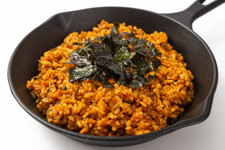 Korean Dakgalbi Fried Rice on white backgroundの写真素材