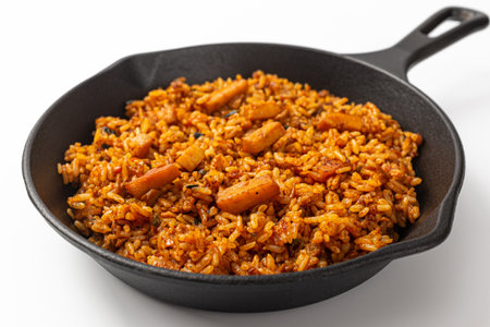 Squid pork belly bulgogi fried rice on white backgroundの写真素材