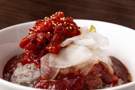 Seasoned naengmyeon with semi-dry seasoned Alaska pollockの写真素材