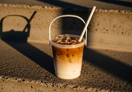 Small Coffee Bucket on Concrete Steps in Golden Lightの素材