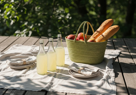 Refreshing Lemonade and Baguette Picnic on Wooden Tableの素材