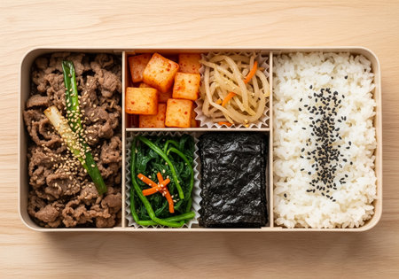 Korean Lunchbox with Bulgogi, Kimchi, Seaweed, and Assorted Vegetablesの素材
