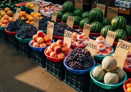 Fresh Fruits Display at Korean Traditional Marketの素材