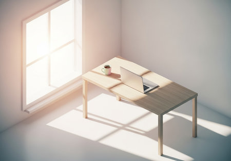 Minimalist Sunlit Workspace with Laptop and Coffee Mugの素材