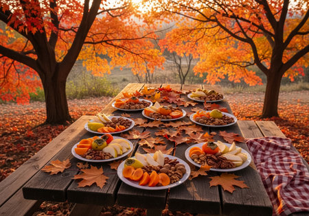 Autumn Picnic Table with Seasonal Fruits and Nutsの素材