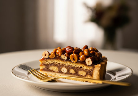Slice Of Caramel Hazelnut Tart On Plate With Gold Forkの素材