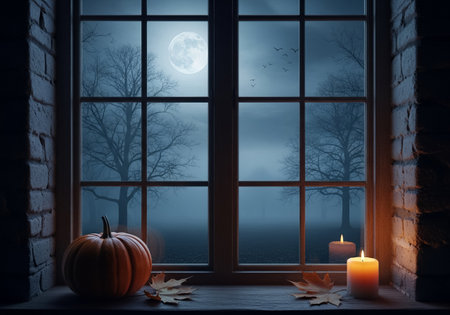 Moody Halloween Scene Through a Window with a Full Moon and a Pumpkinの素材