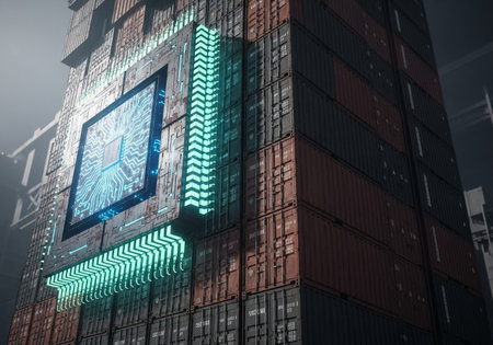 Futuristic Building of Shipping Containers with a Glowing Microchip Facadeの素材