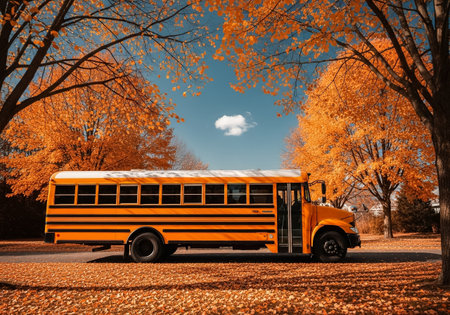 Yellow School Bus Parked Under Orange Autumn Treesの素材