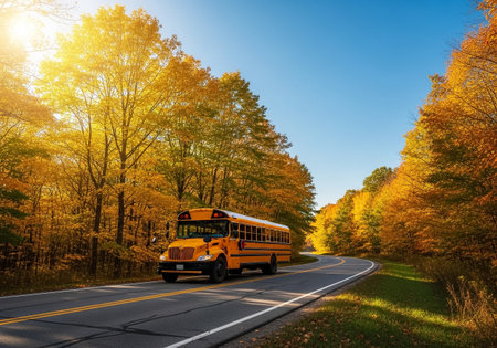 Yellow School Bus Driving on a Winding Road in an Autumn Forestの素材