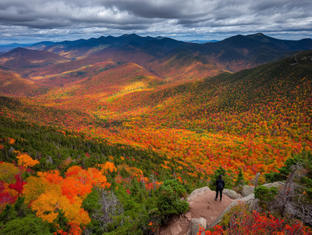 Hiker Looking at a Vast Mountain Valley in Peak Autumn Foliageの素材