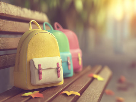 Colorful Children's Backpacks in a Row on a Park Benchの素材