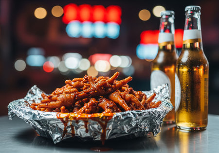 Spicy Chicken Feet in a Foil Bowl with Beer at a Korean Pubの素材