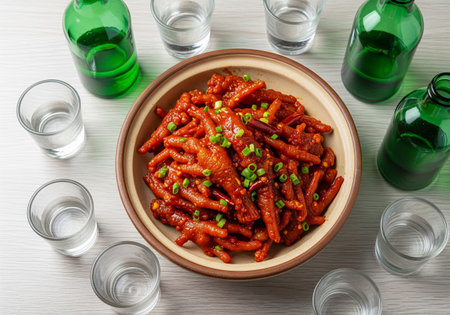 A Top Down View of Spicy Chicken Feet with Soju Bottles and Glassesの素材