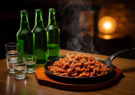 Steaming Spicy Chicken Feet with Soju Bottles in a Korean Pubの素材
