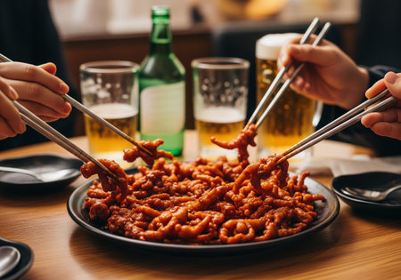 People Sharing Spicy Korean Chicken Feet with Beer and Sojuの素材