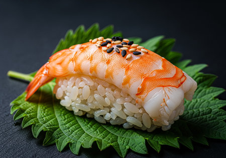 Gourmet Ebi Nigiri Sushi with Sesame Seeds on a Shiso Leafの素材