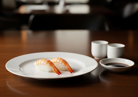 Minimalist Plating of Two Pieces of Ebi Nigiri Sushi with Sake Cupsの素材